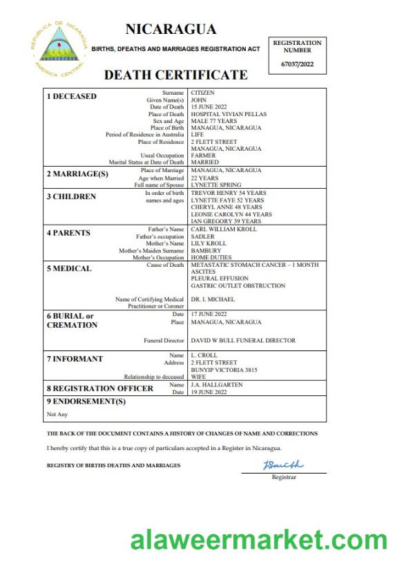 Nicaragua vital record death certificate Word and PDF template